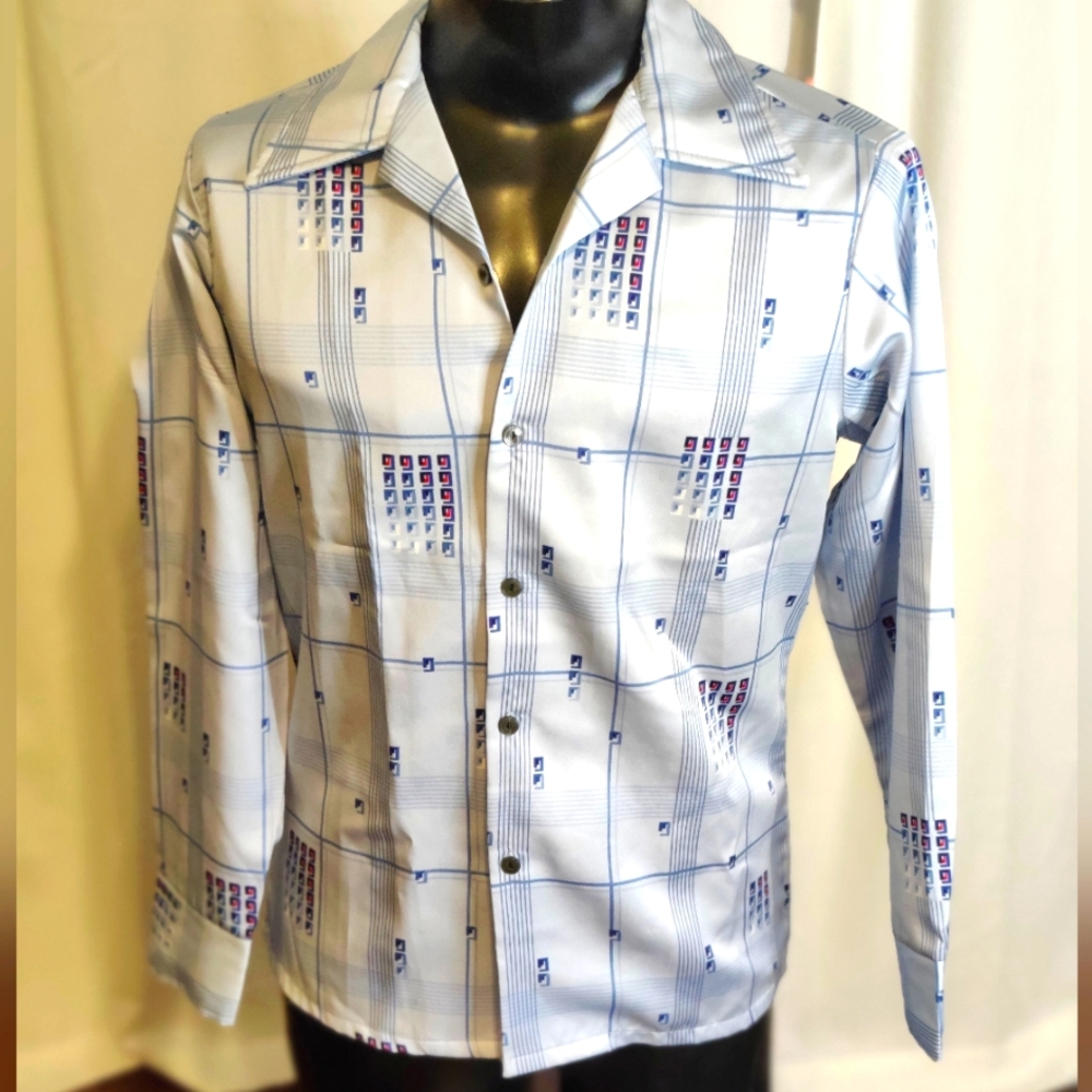 Stuart Mann dated 78 dagger collar Op Art geometric Disco shirt M